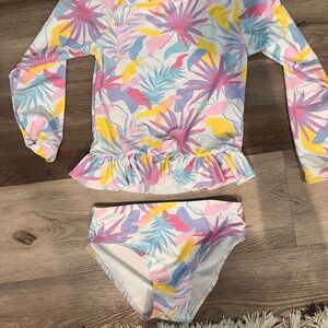 Kids Long Sleeve Two-Piece Swim Set in Pastel Tropical Print